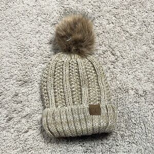 Cozy Knit Beanie with Pom Pom - Tan